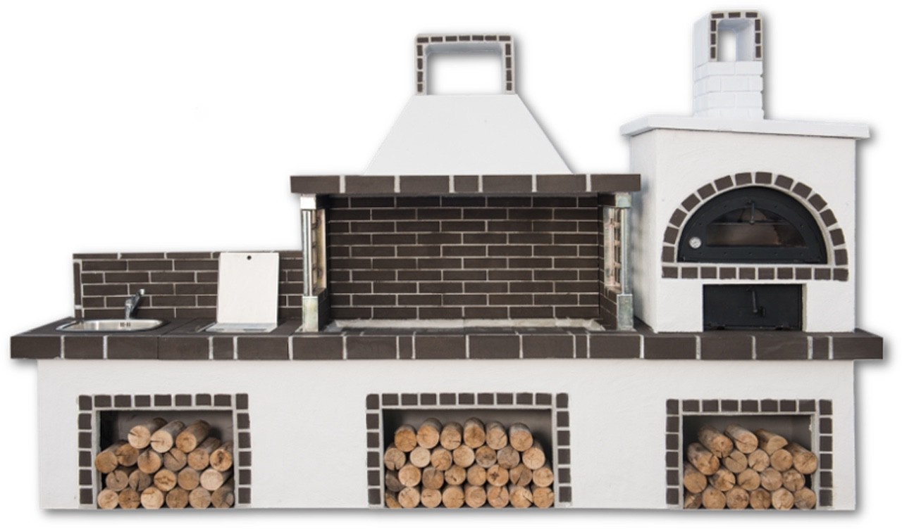 Buitenkeuken set BBQ met pizzaoven, kookplaat en gootsteen (modern) - black firebrick & Concrete