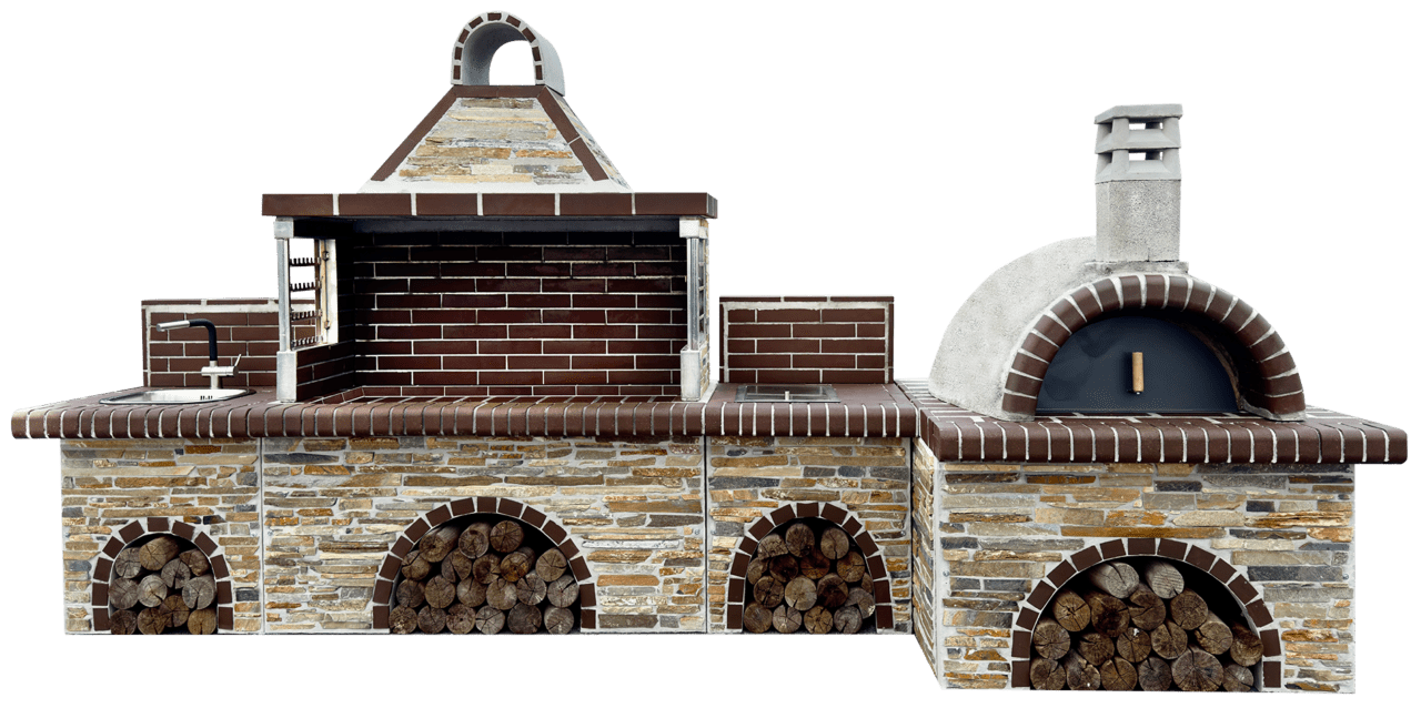 Buitenkeuken set BBQ met pizzaoven, gootsteen en kookplaat - Brown firebrick & Stenar Sykis