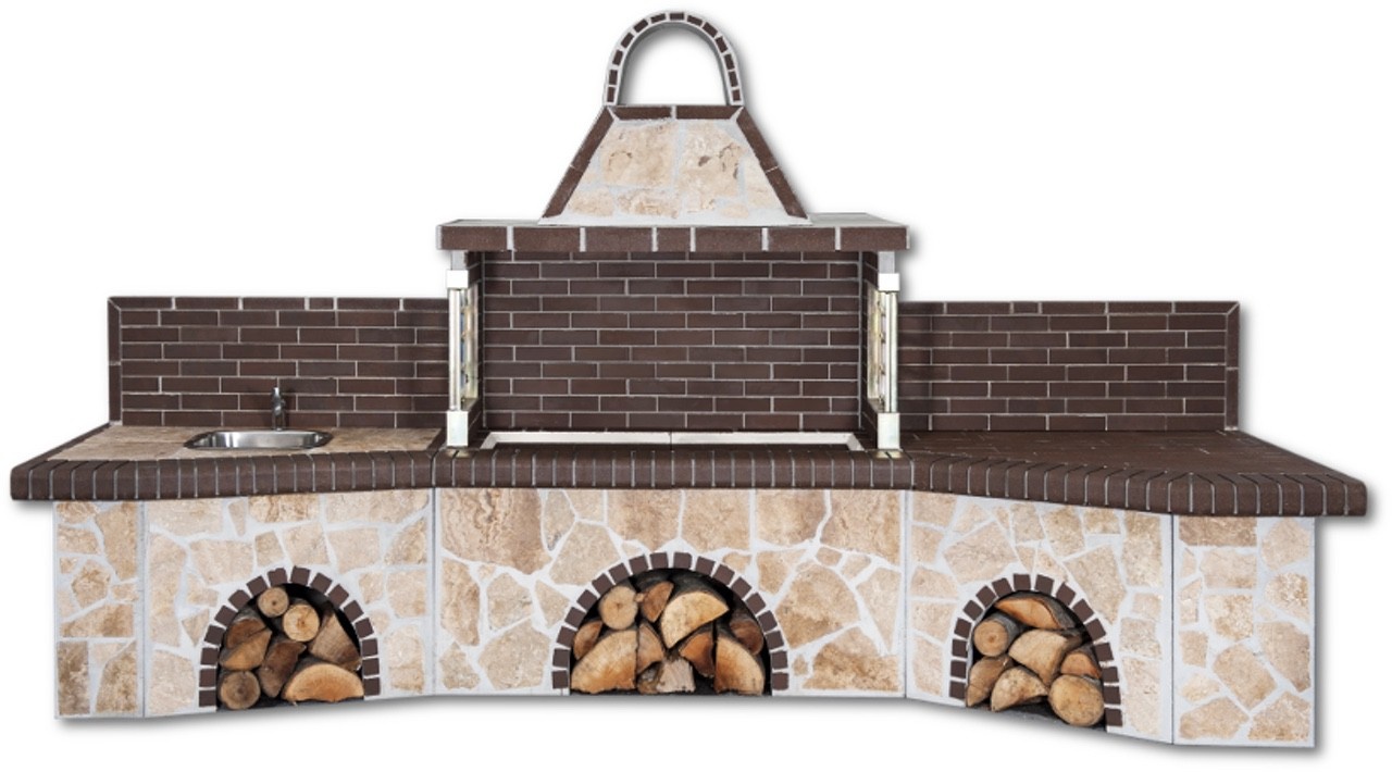 Buitenkeuken set BBQ met gootsteen en aanrecht - brown firebrick & Limestone