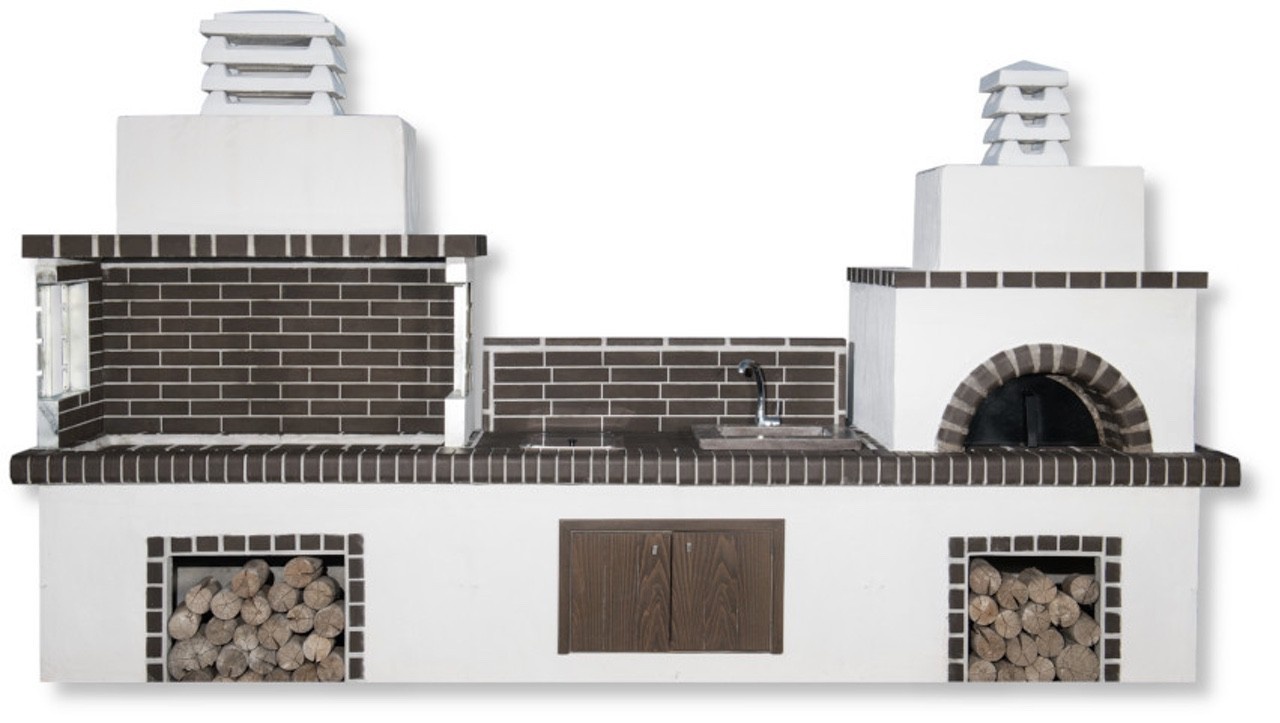 Buitenkeuken set BBQ met pizzaoven, kookplaat en gootsteen - black firebrick & Concrete