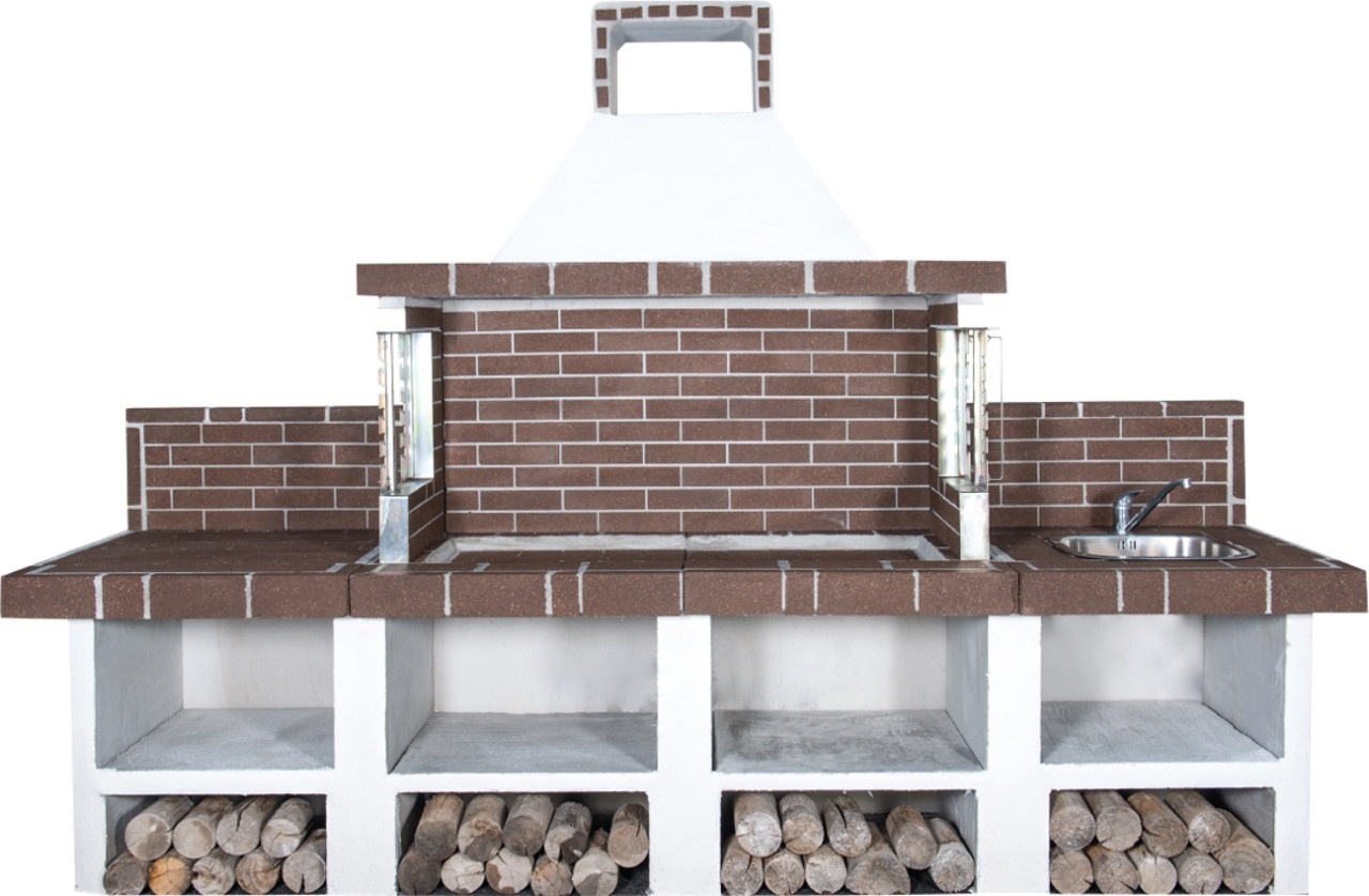 Buitenkeuken set BBQ met gootsteen en aanrecht (modern) - brown firebrick & Concrete