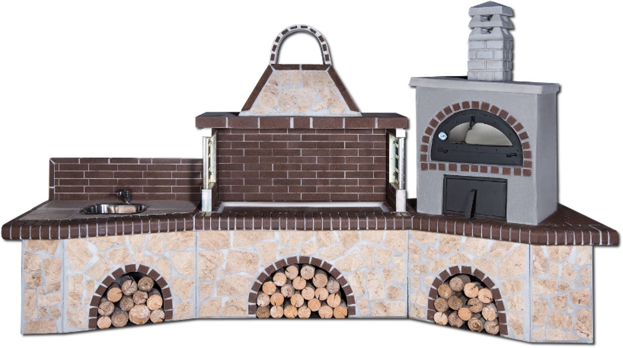 Buitenkeuken set BBQ met houtoven en gootsteen - brown firebrick & Limestone