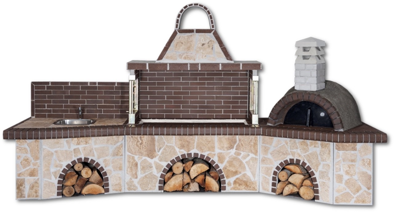 Buitenkeuken set BBQ met pizzaoven en gootsteen - brown firebrick & Limestone