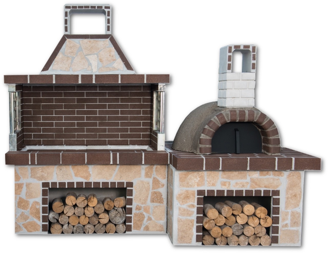 Buitenkeuken set BBQ met pizzaoven (modern) - brown firebrick & Limestone