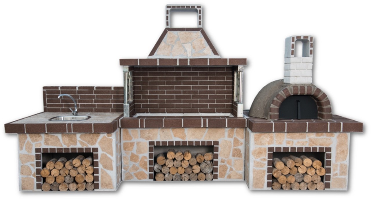 Buitenkeuken set BBQ met pizzaoven en gootsteen (modern) - brown firebrick & Limestone
